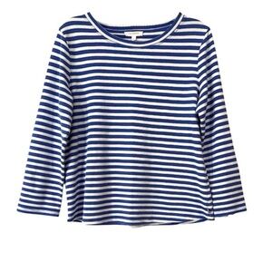 Talbots Knit Blouse Roll Tab Sleeves Keyhole Back Stripe Blue White Size Large